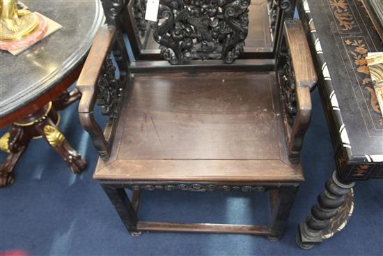 Two Chinese rosewood armchairs, late 19th century,